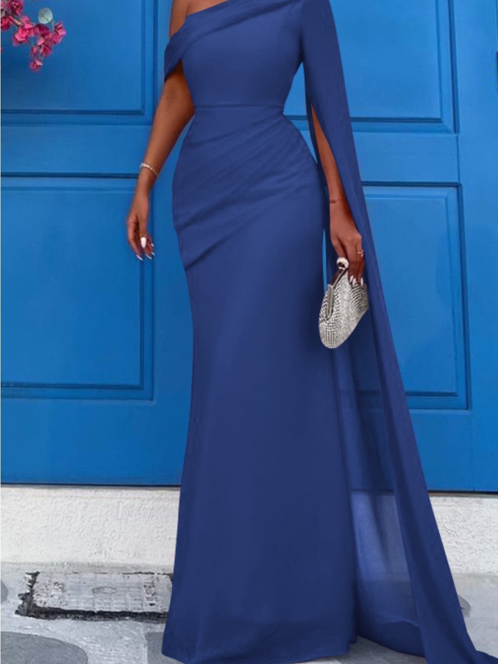 One-Shoulder Royal Blue Maxi Dress with Draped Cape - Beautiful MOB or special o